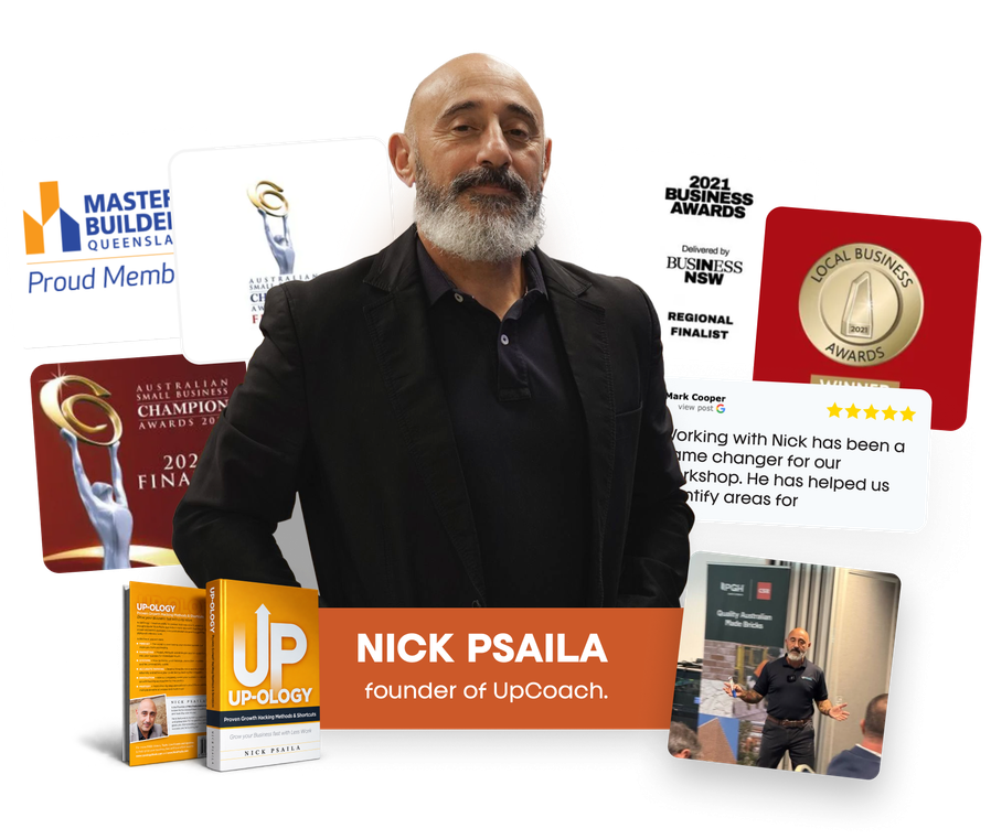 Nick Psaila surrounded by client awards, reviews and photos from UpCoach events