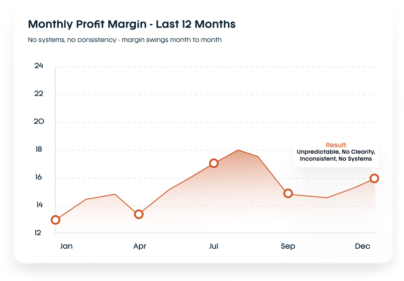 Monthly profit margin, last 12 months — unpredictable, no clarity, inconsistent, no systems