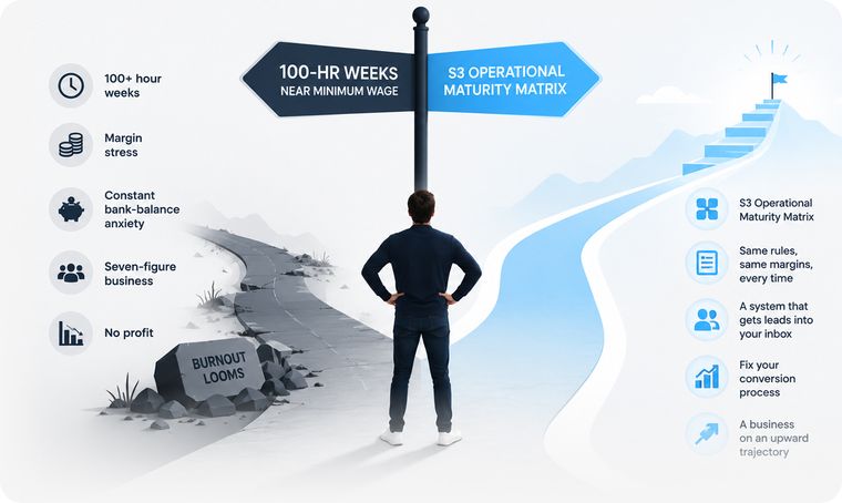 Signpost at a fork: 100-hour weeks one way, the S3 Operational Maturity Matrix the other